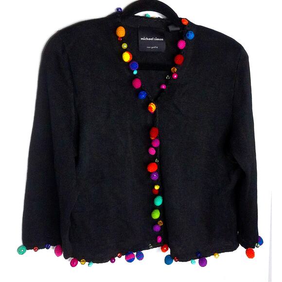 Michael Simon Sweaters - Vintage Michael Simon Black Colorful Pom Pom Cardigan Sweater Size Large